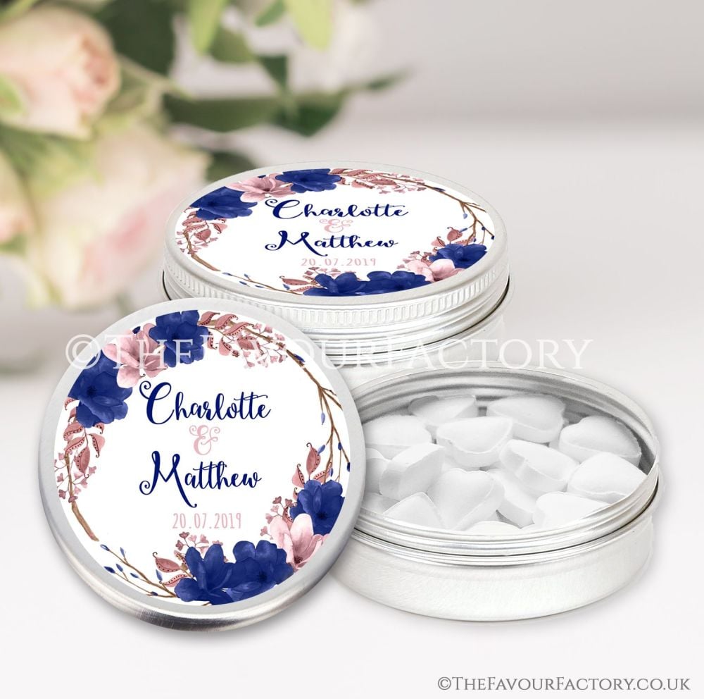 Wedding Favours Keepsakes Tins Personalised boho floral navy blush x1