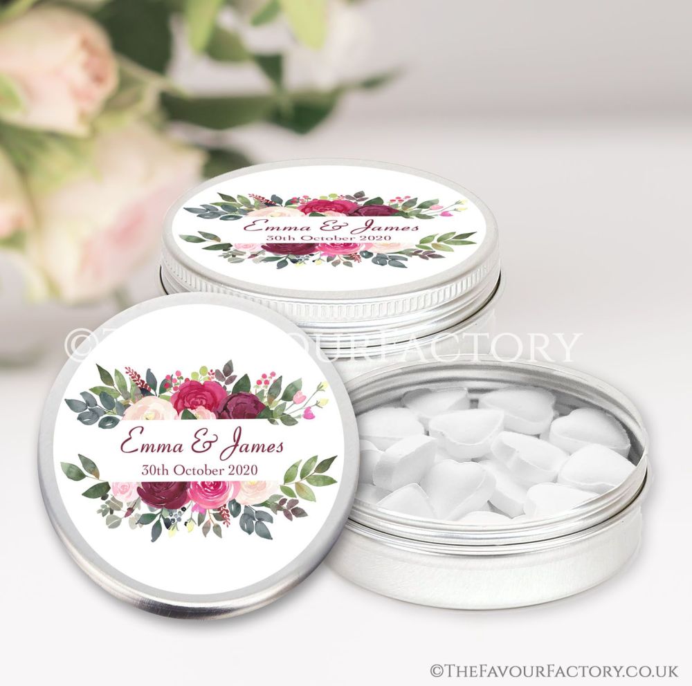 Wedding Favours Keepsakes Tins Personalised burgundy floral frame x1