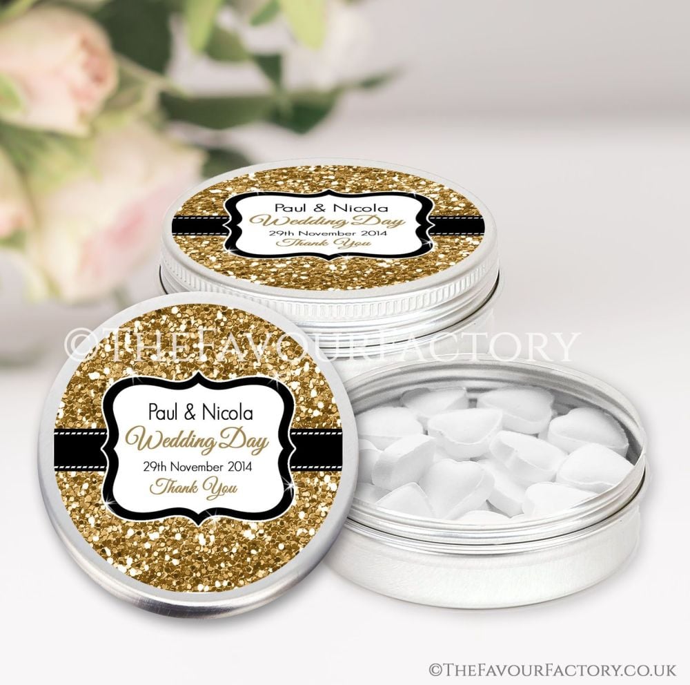 Wedding Favours Keepsakes Tins Personalised gold glitter x1