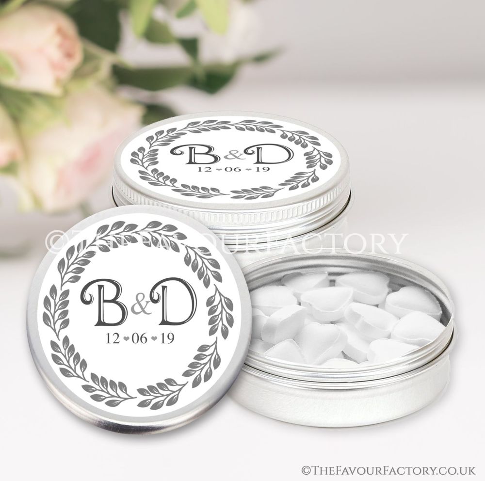 Wedding Favours Keepsakes Tins Personalised leaf wreath x1