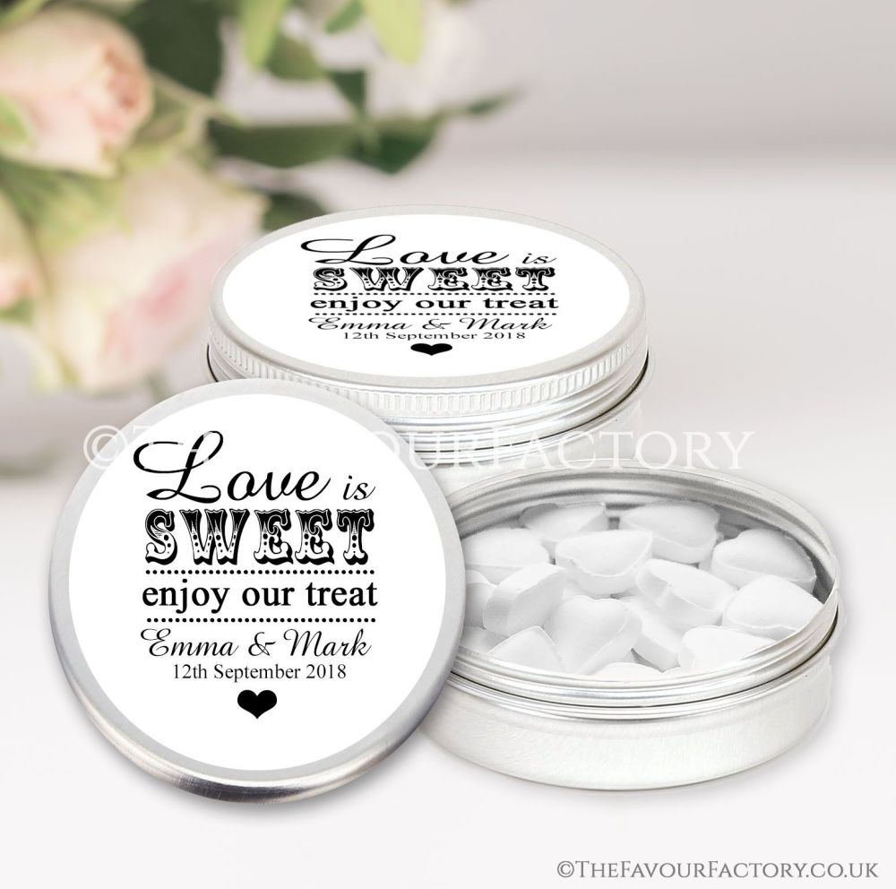Wedding Favours Keepsakes Tins Personalised love is sweet x1