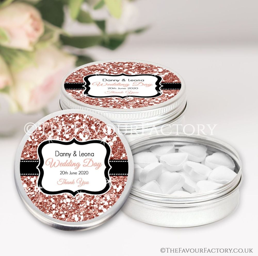 Wedding Favours Keepsakes Tins Personalised rose gold glitter x1