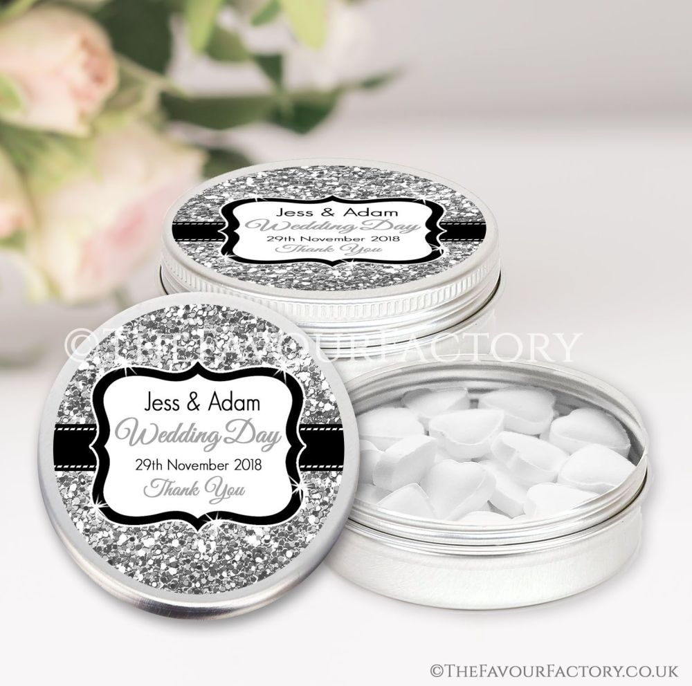 Wedding Favours Keepsakes Tins Personalised silver glitter x1