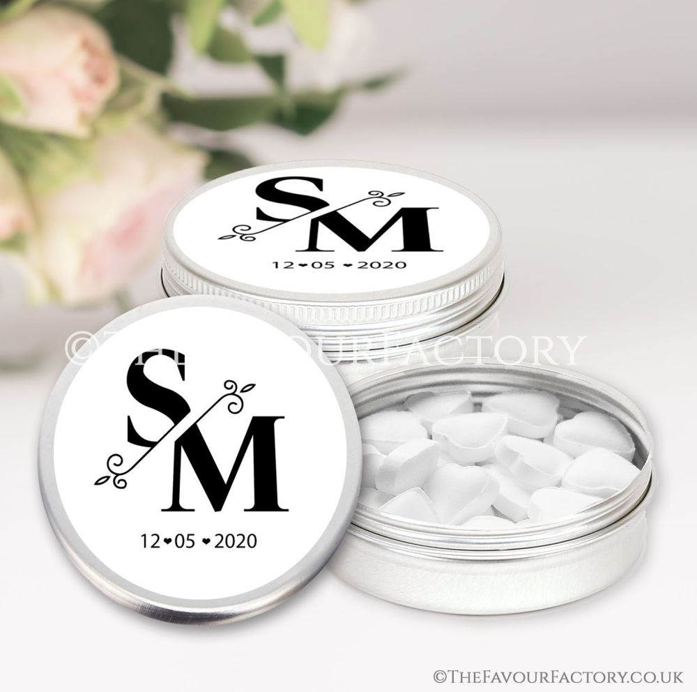Wedding Favours Keepsakes Tins Personalised split monogram initials x1