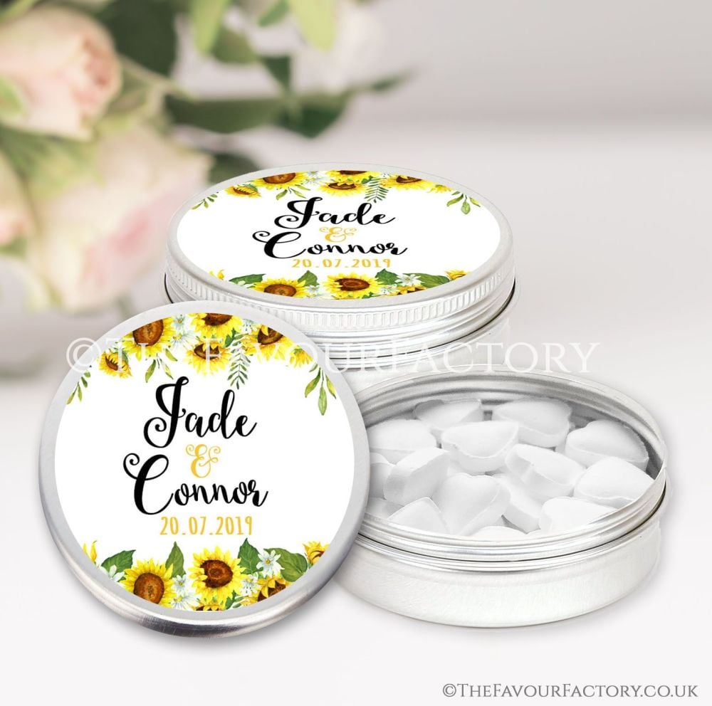 Wedding Favours Keepsakes Tins Personalised sunflowers drop x1