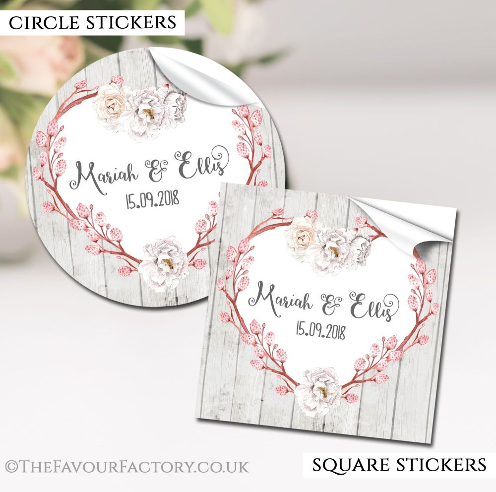 Personalised Wedding Stickers Boho Floral Branch Heart
