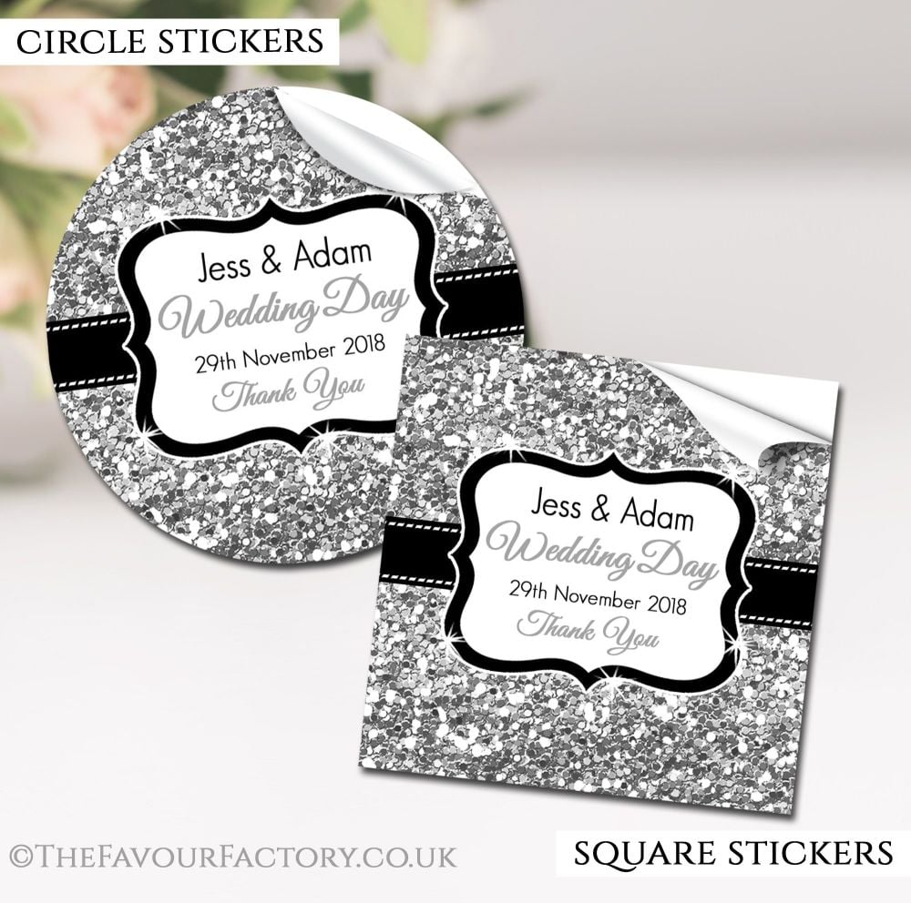Personalised Wedding Stickers Silver Glitter