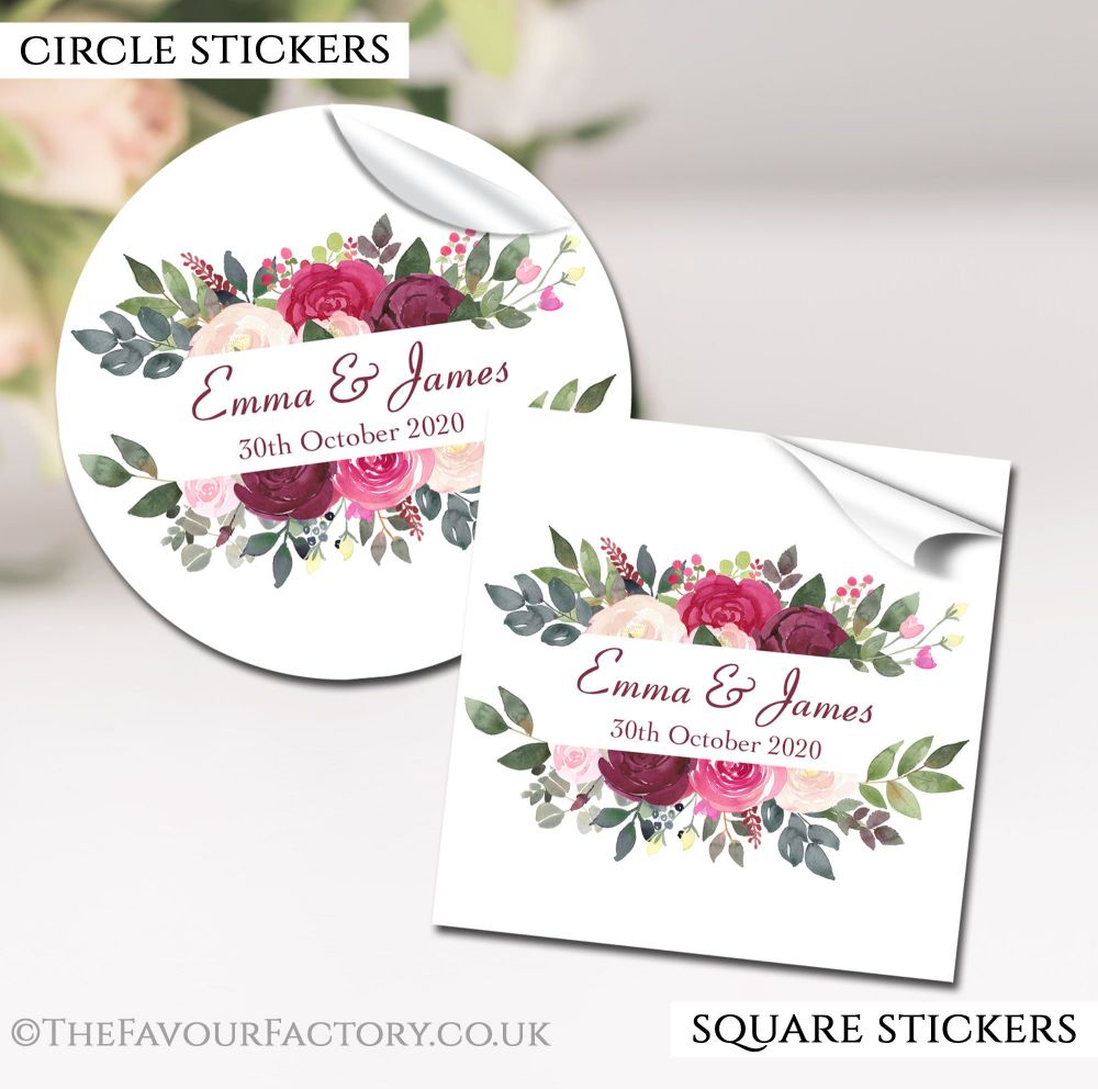 Personalised Wedding Stickers Boho Floral Frame Burgundy Blush