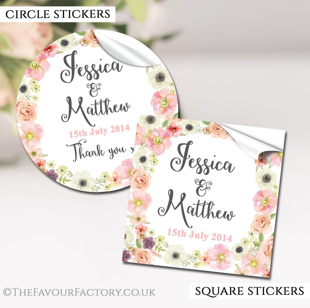 Wedding Favour Stickers Personalised Watercolour Flowers