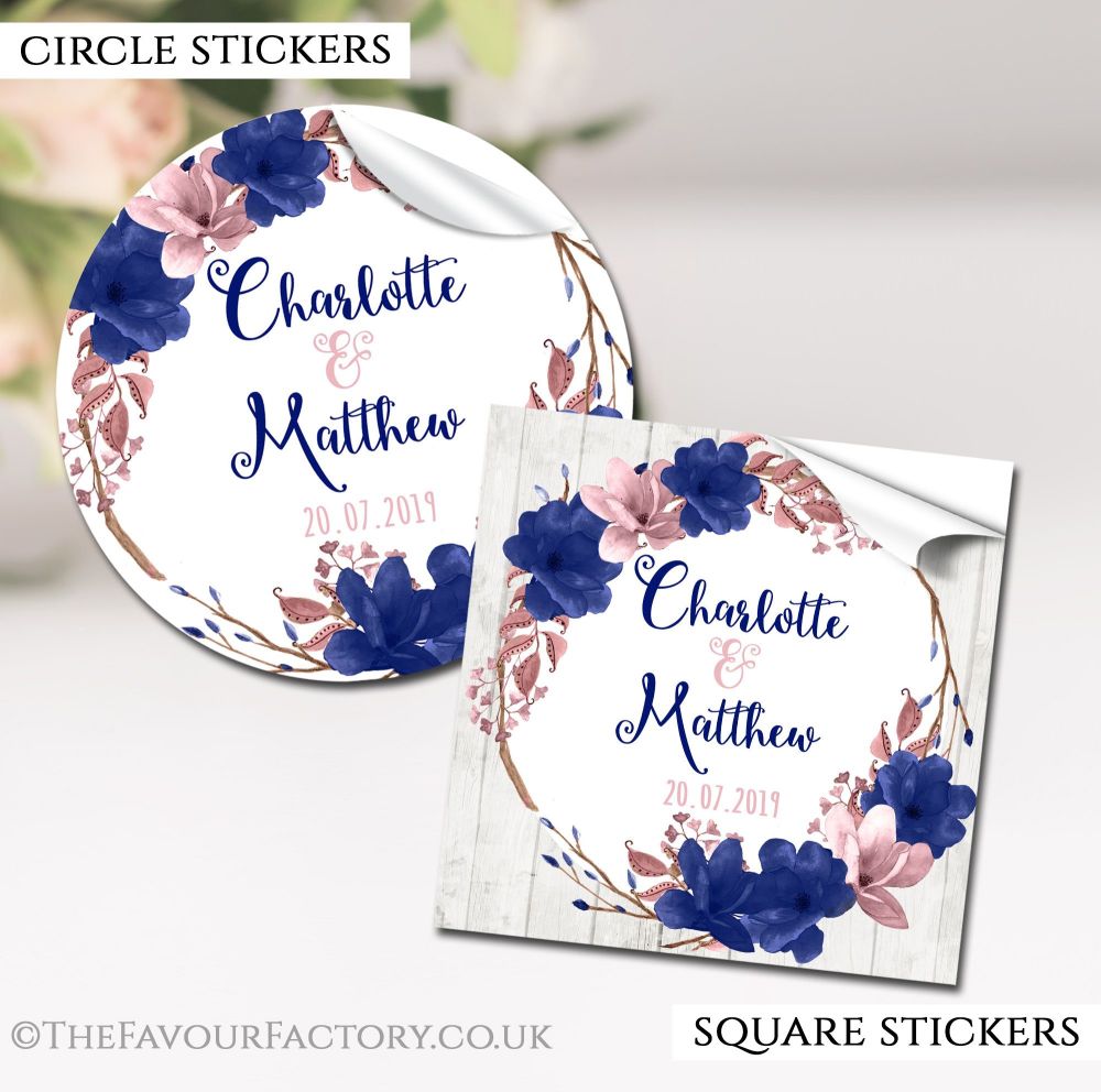 Personalised Wedding Stickers Boho Floral Wreath Navy Blush
