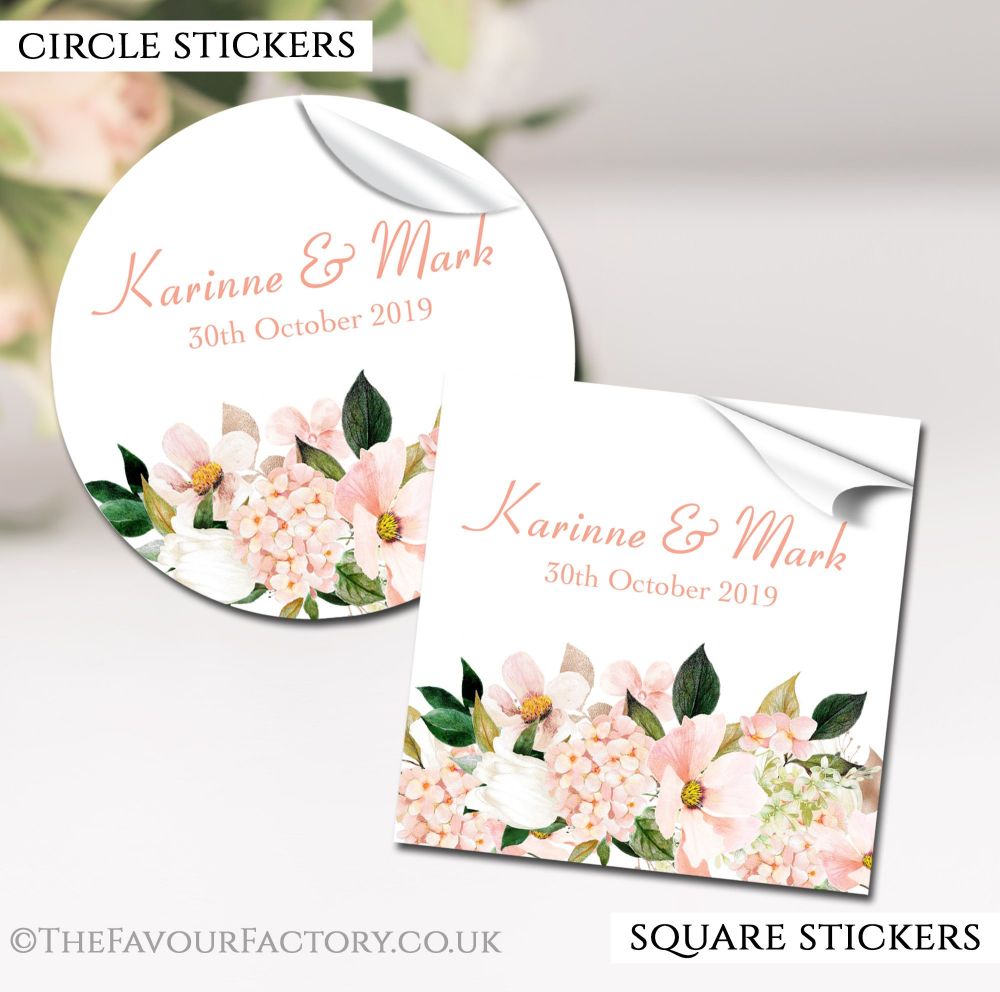 Personalised Wedding Stickers Blush Hydrangeas Floral Bouquet
