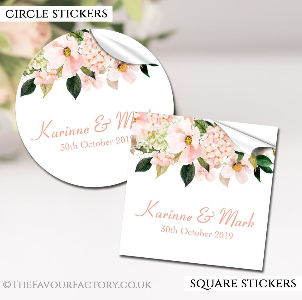 Personalised Wedding Stickers Blush Hydrangeas Floral Drop