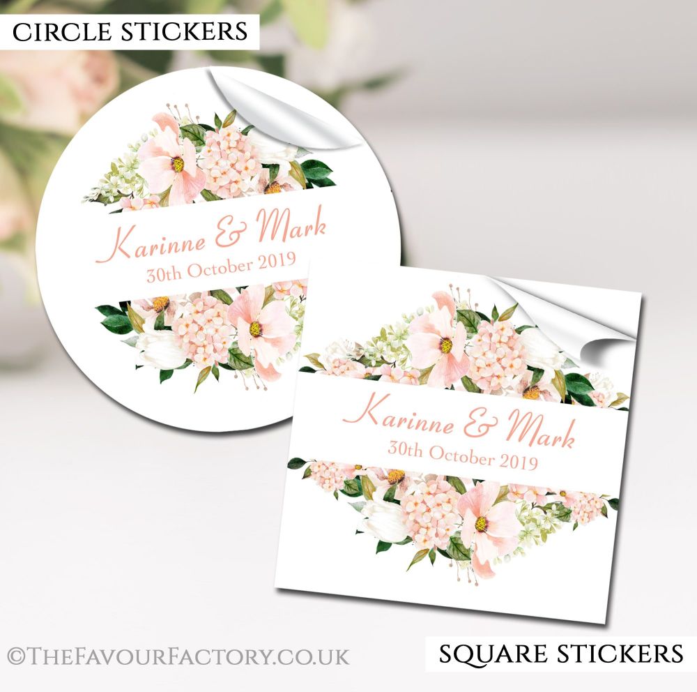 Personalised Wedding Stickers Blush Hydrangeas Floral Frame