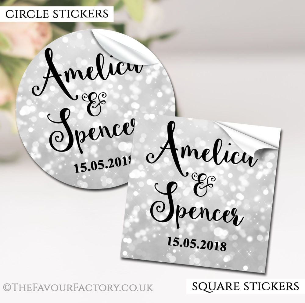 Personalised Wedding Stickers Bokeh Sparkles Silver
