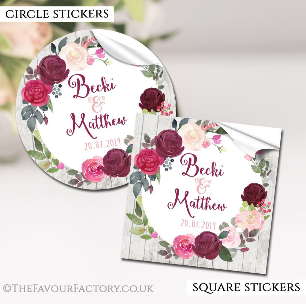 Personalised Wedding Stickers Blush Burgundy Floral Wreath