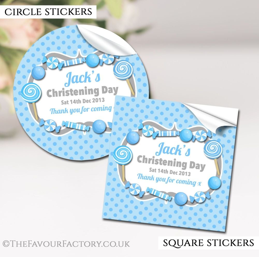 Personalised Christening Stickers Candy Sweets Blue