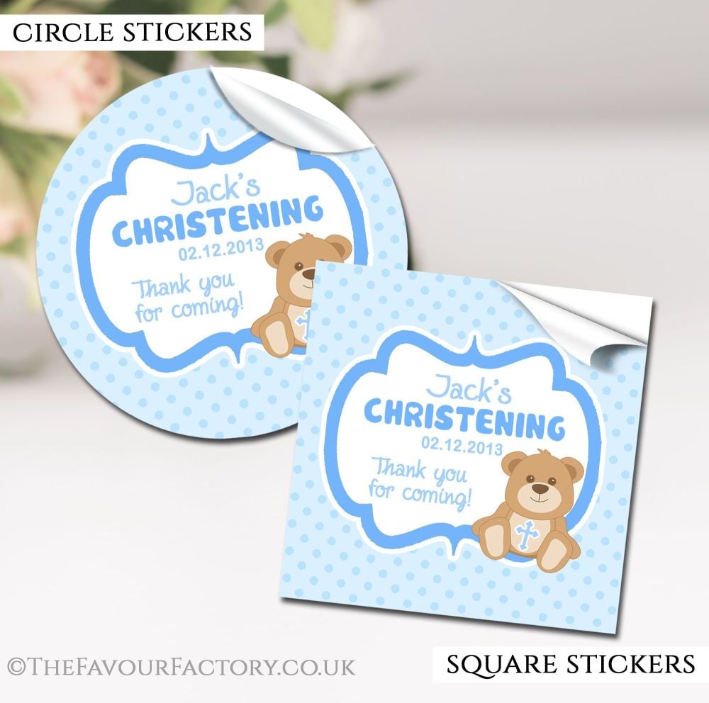 Christening Favours Stickers Personalised Teddy Bear Blue