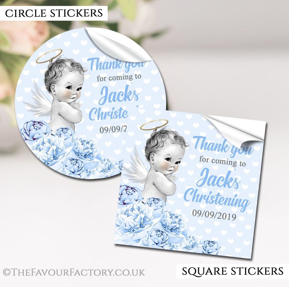 Christening Favours Stickers Personalised Vintage Baby Boy
