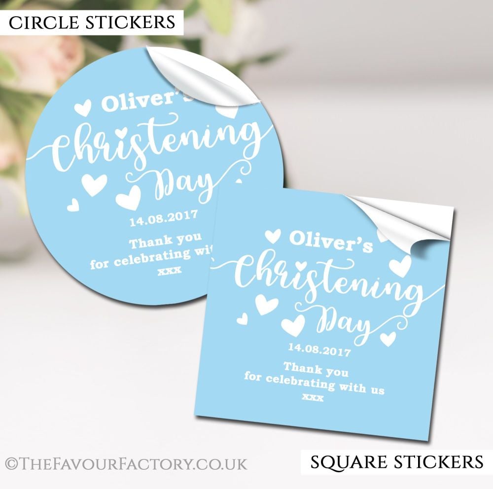 Christening Favours Stickers Personalised Love Hearts Blue