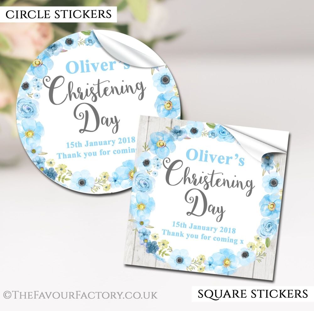 Personalised Christening Stickers Floral Wreath Blue