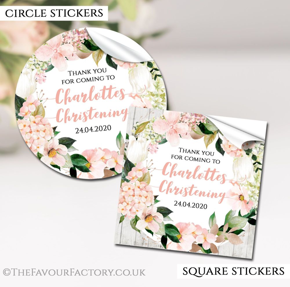 Personalised Christening Stickers Floral Blush Hydrangeas