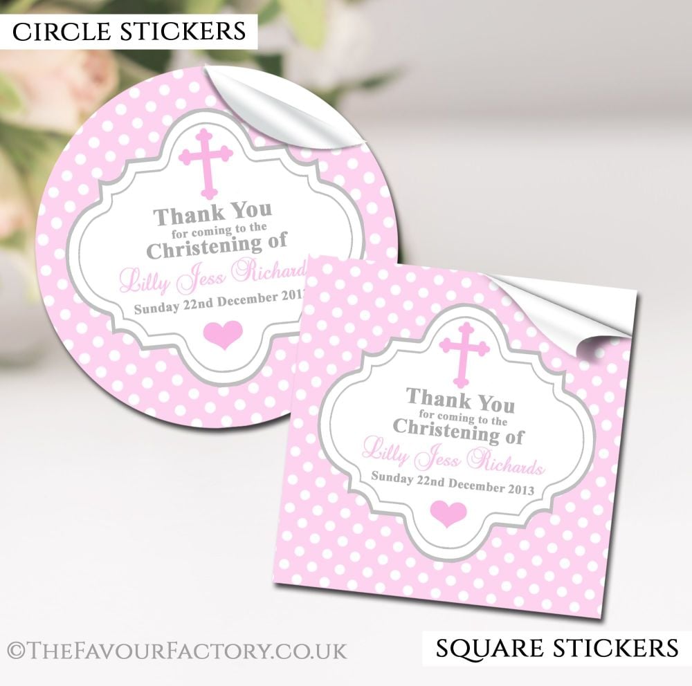 Christening Favours Stickers Personalised Polka Dots Pink