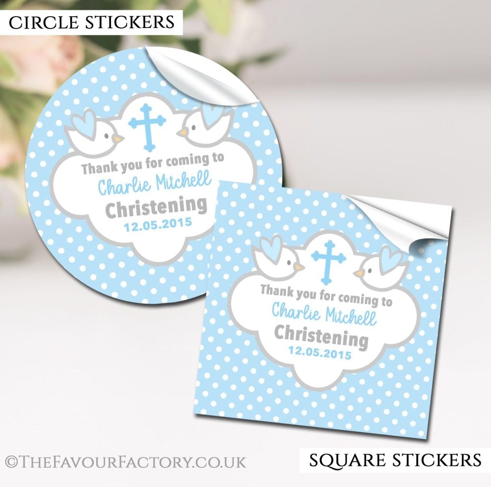 Christening Favours Stickers Personalised Doves Blue