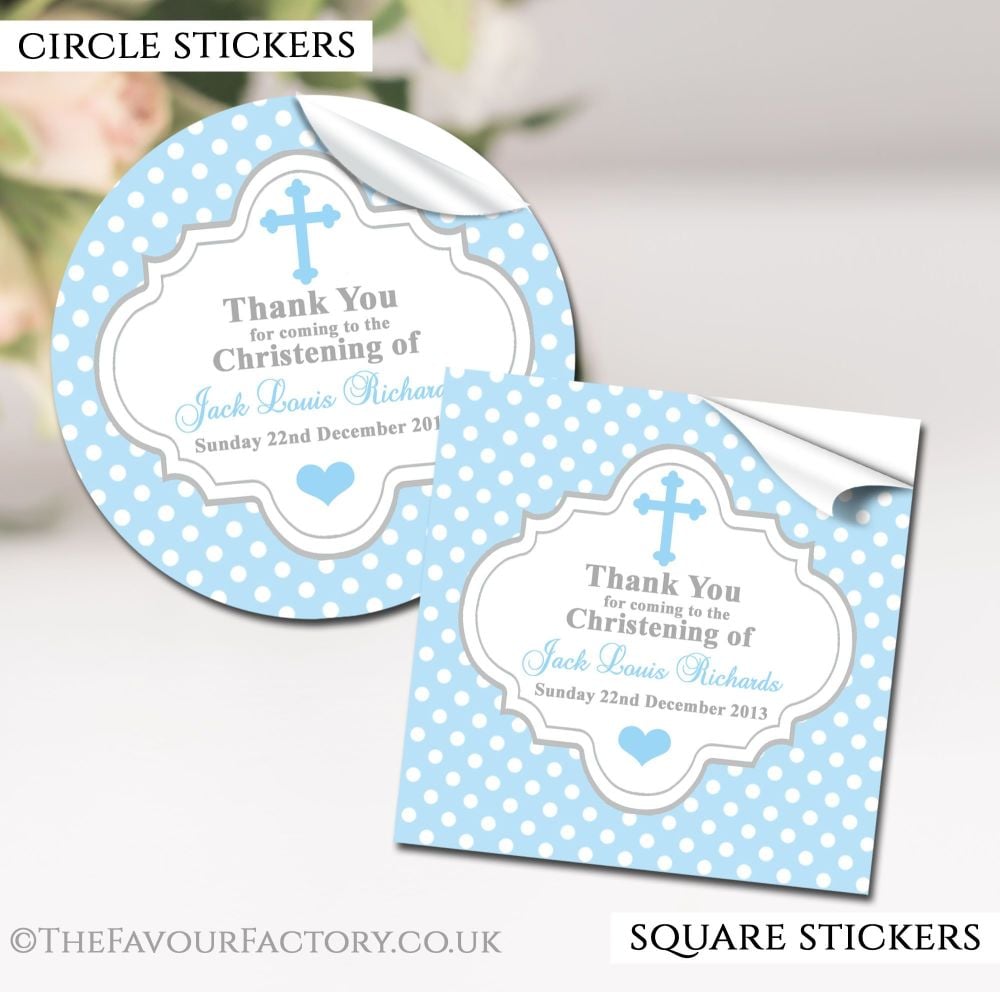 Christening Favours Stickers Personalised Polka Dots Blue
