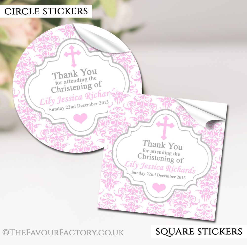 Christening Favours Stickers Personalised Damask Cross Pink