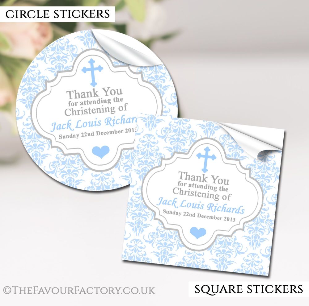 Personalised Christening Stickers Damask Cross Blue
