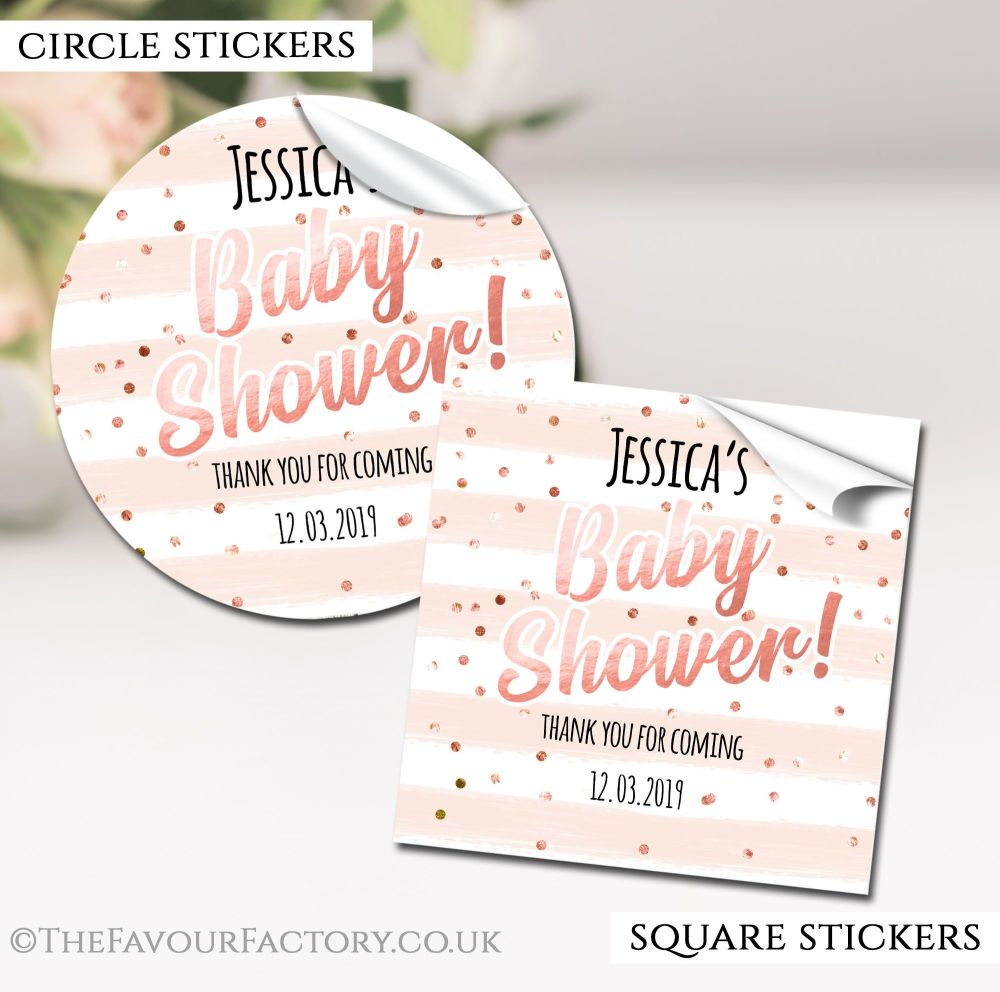 Personalised Baby Shower Stickers Confetti Stripes Rose Gold