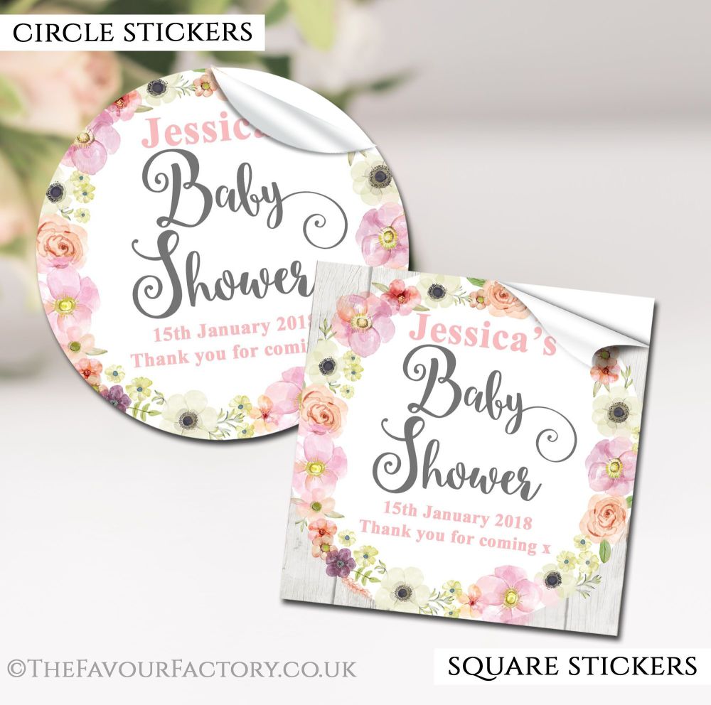 Boho Baby Shower Stickers Personalised Watercolour Flowers