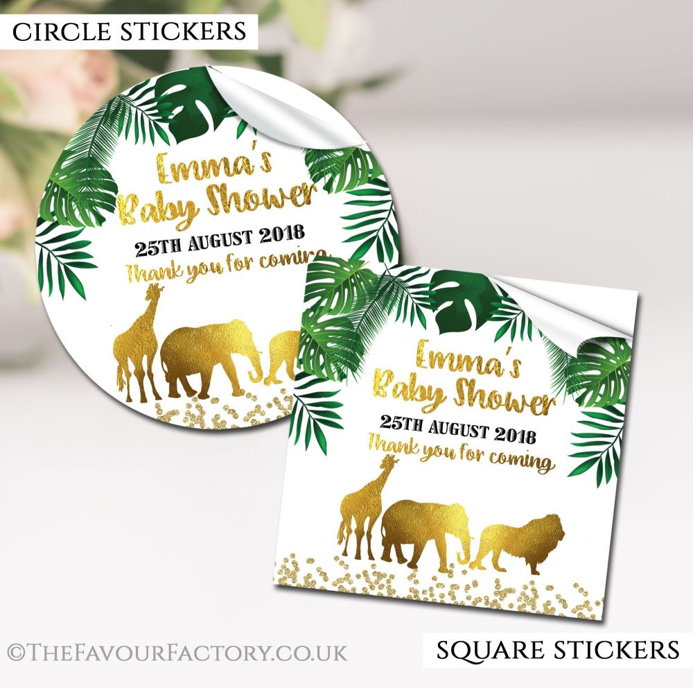 Gold Safari Animals Baby Shower Stickers