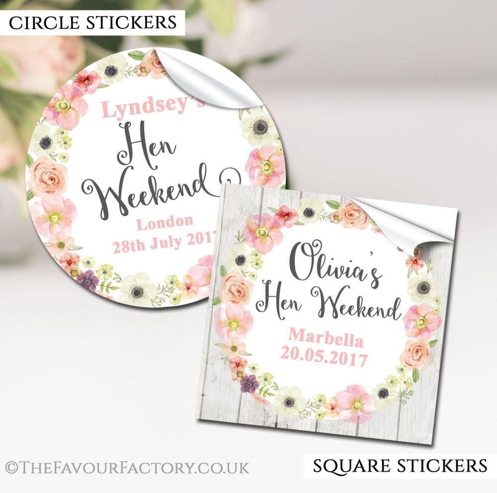 Hen Party Stickers Labels Personalised Watercolour Flowers