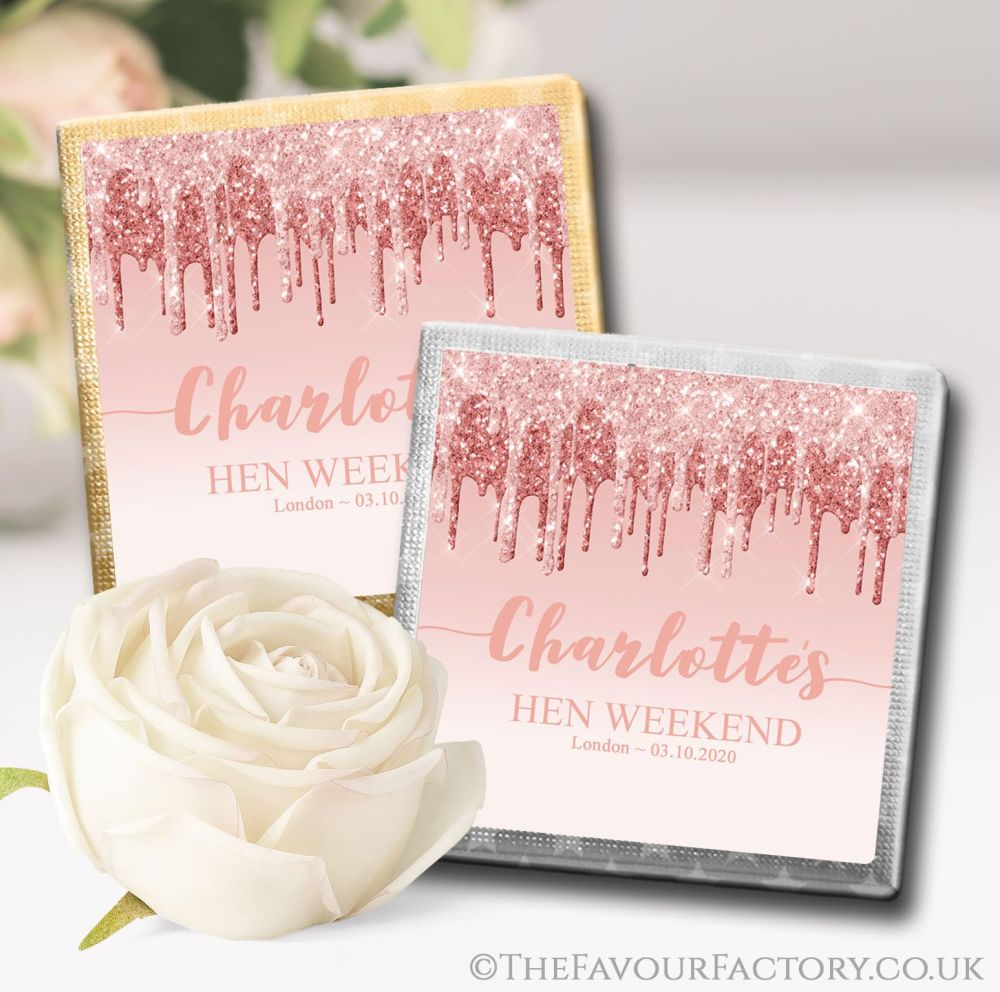 Personalised Hen Party Chocolates Favours Dripping Rose Gold Glitter