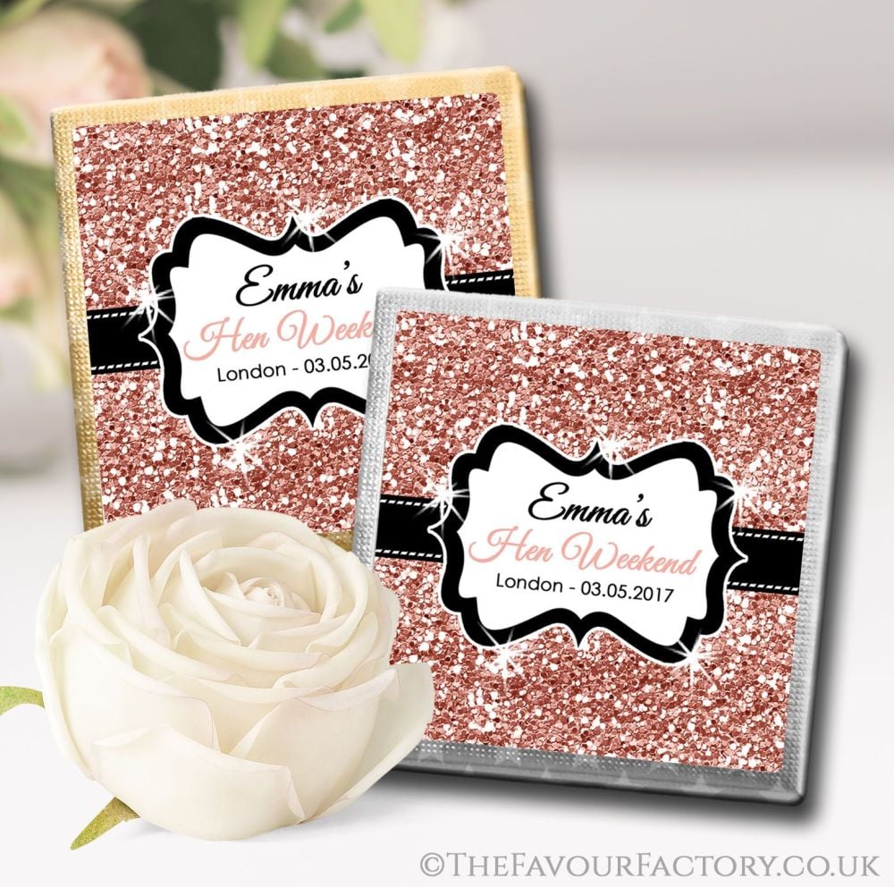 Personalised Hen Party Chocolates Favours Rose Gold Glitter