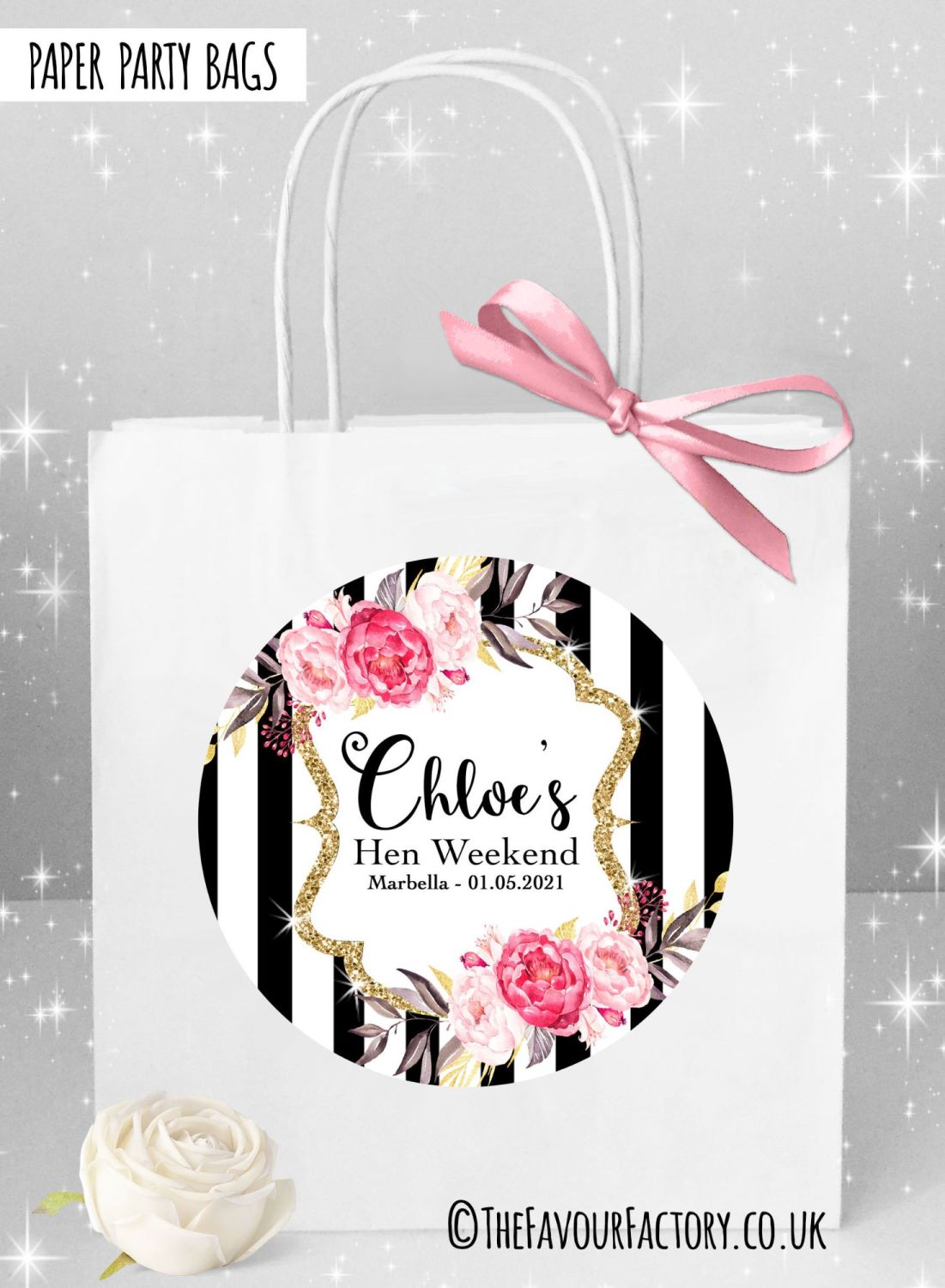 Hen Do Party Bags Named Individually Black Stripe Floral x1