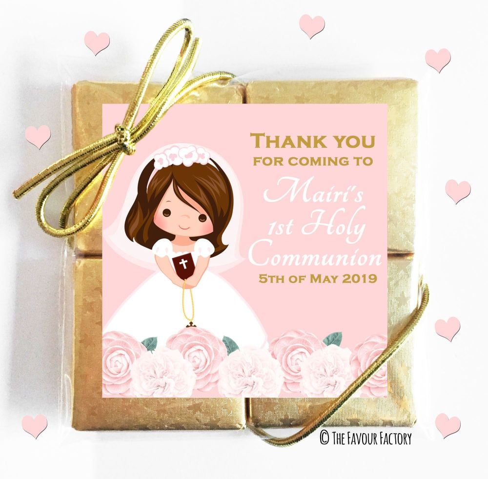 Holy Communion Chocolates Quads Favours Floral Brown Hair Girl x1
