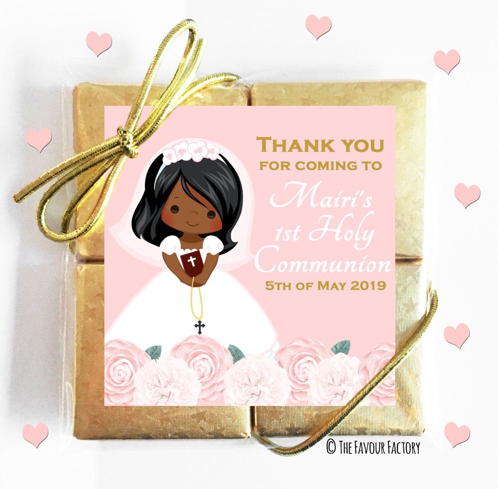 Holy Communion Chocolates Quads Favours Floral Black Girl x1