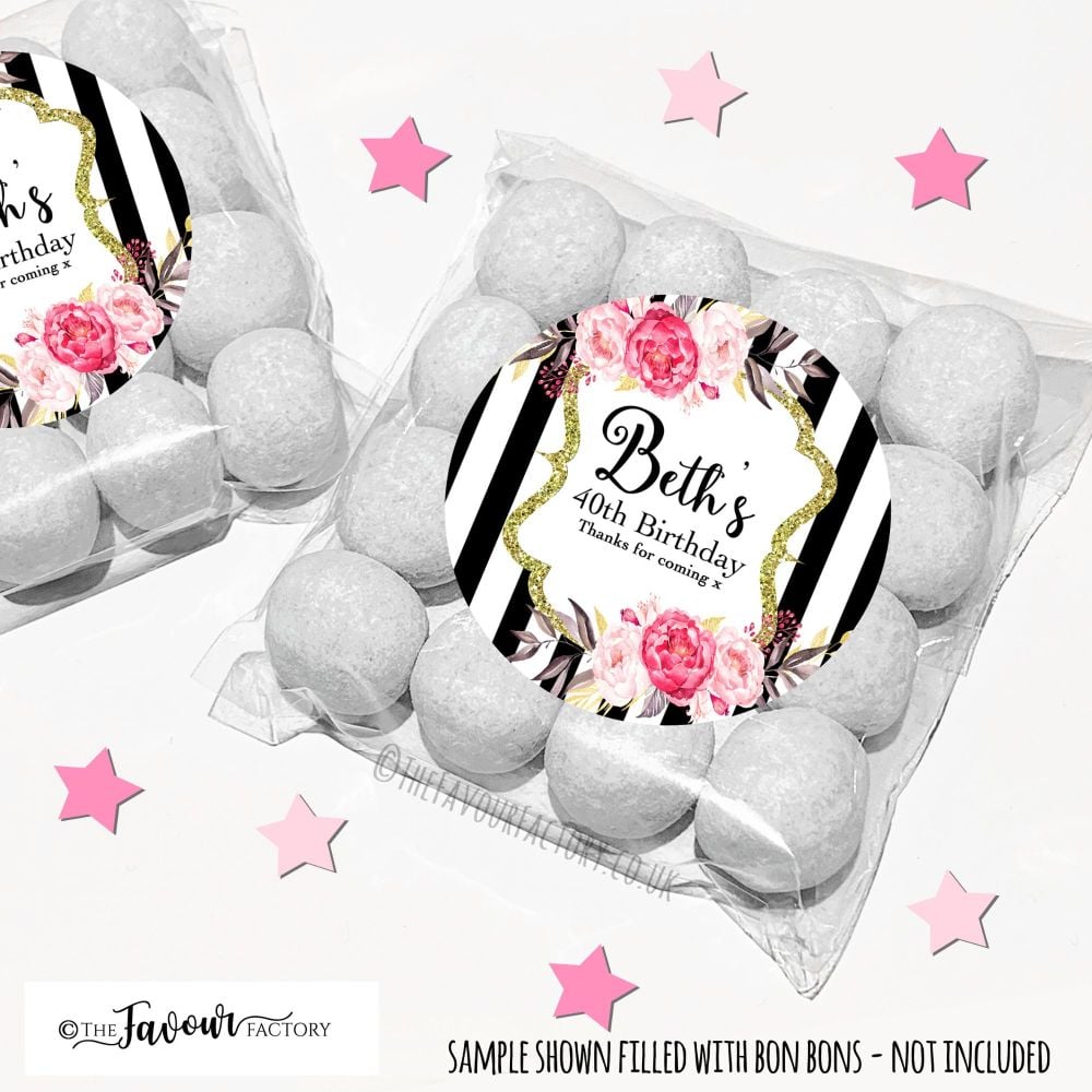 Floral Black Stripes Adult Birthday Party Favours Sweet Bags Kits x12