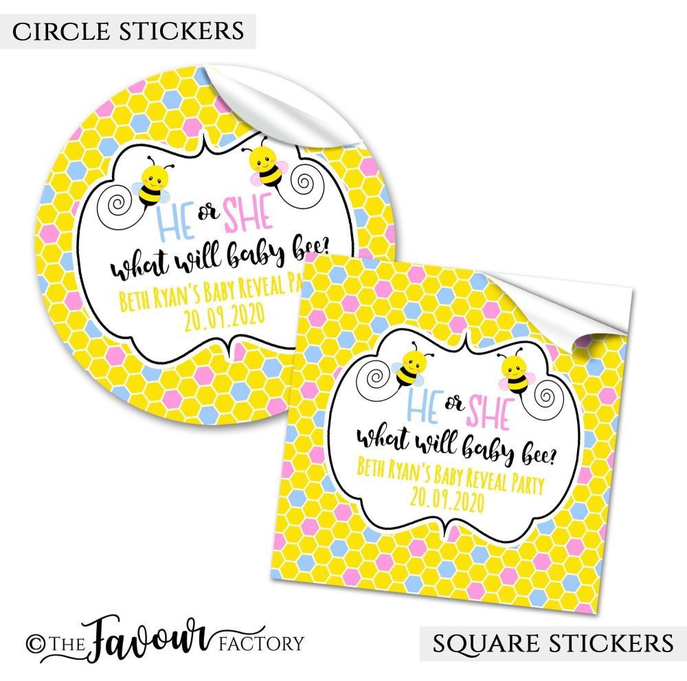 Personalised Gender Reveal Stickers What Will Baby Bee?