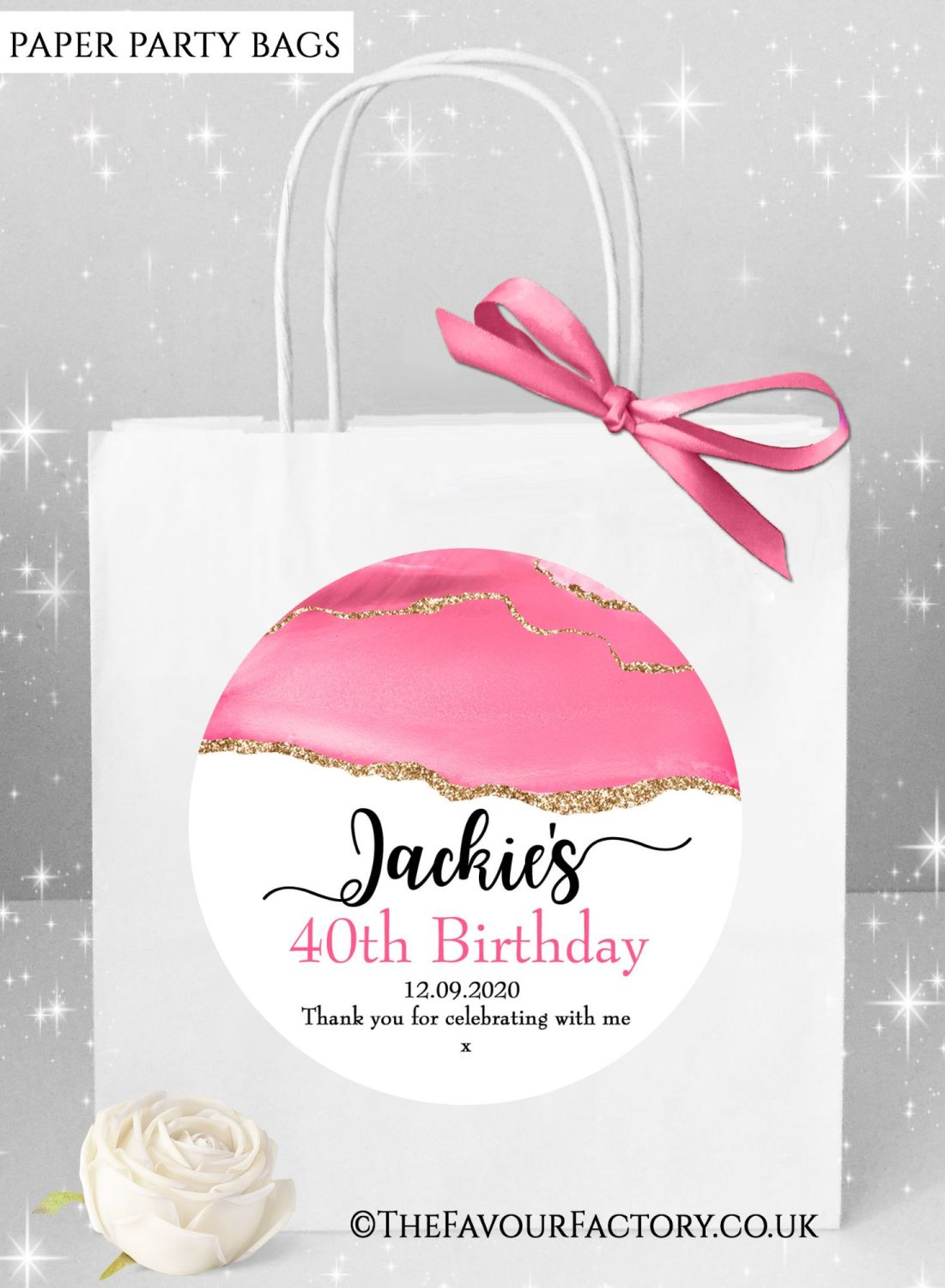Birthday Party Bags Rose Gold Glitter Pink Agate x1