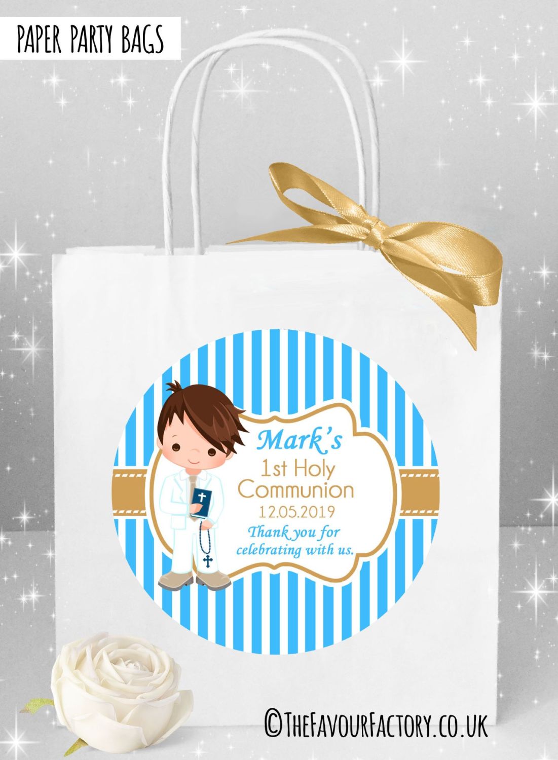 Holy Communion Party Bags Brunette Hair Boy Stripes x1