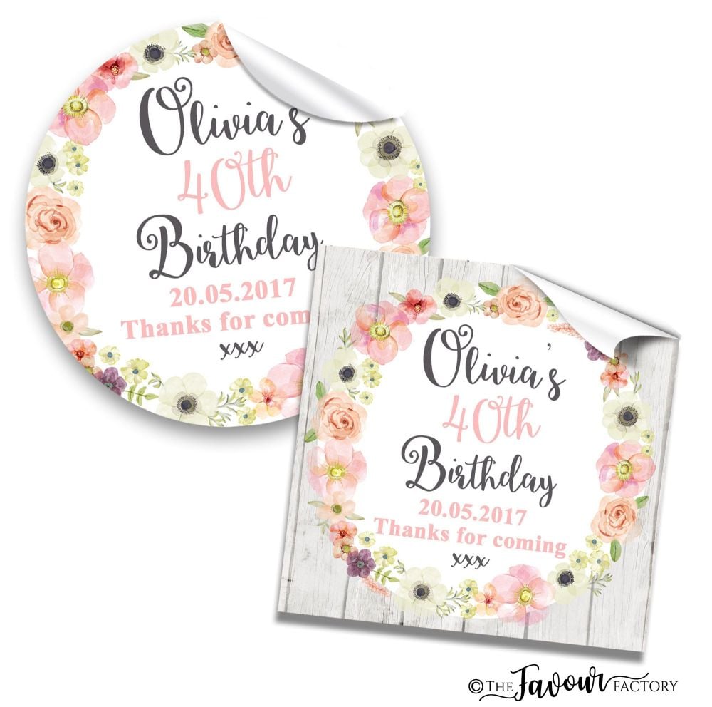 Watercolour Floral Wreath Adult Birthday Party Stickers