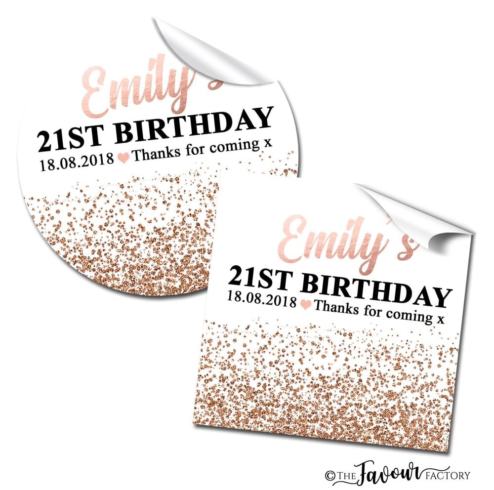 Personalised Birthday Stickers Rose Gold Glitter Confetti