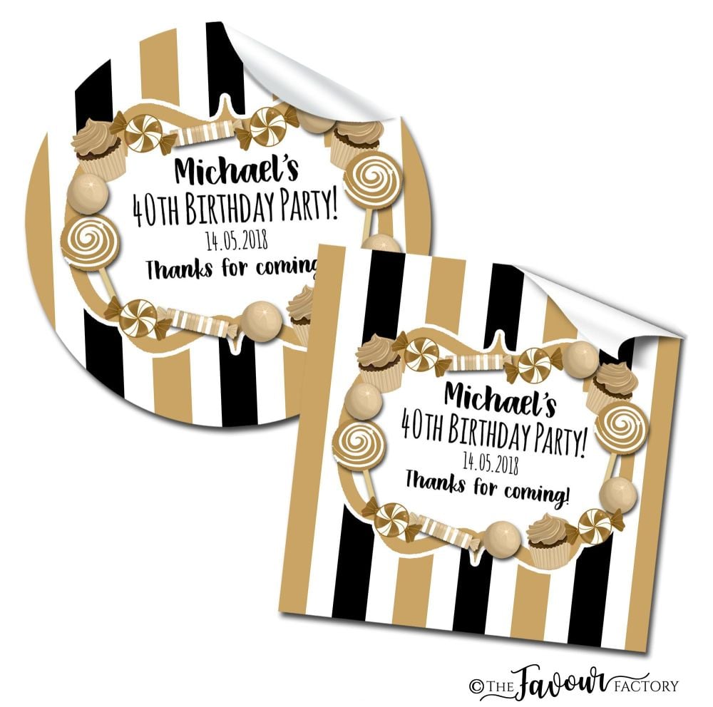 Personalised Birthday Stickers Gold Black Sweets Stripes