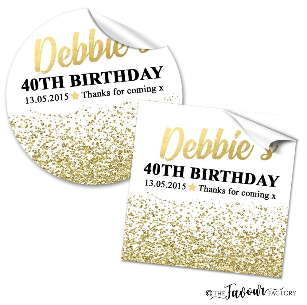 Personalised Birthday Stickers Gold Glitter confetti