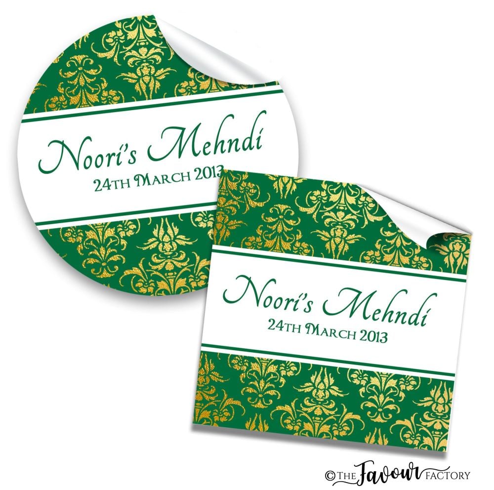 Mehndi Wedding Stickers - Hunter Green Gold Damask