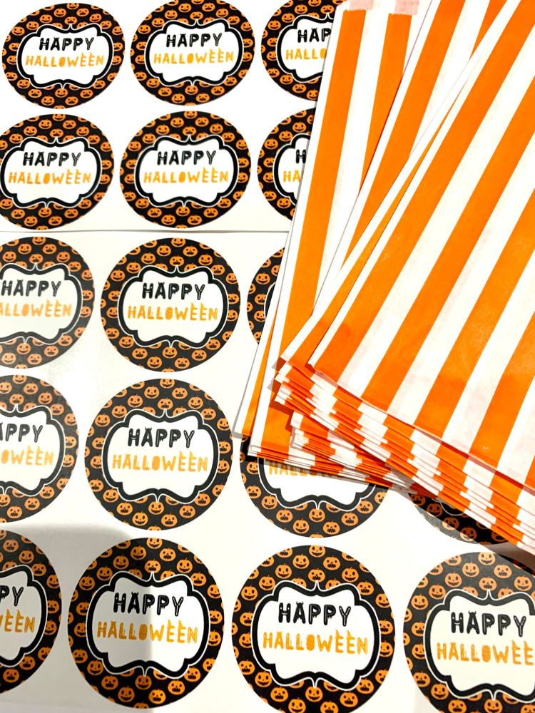 Halloween Orange Stripe Treat Bags And Stickers Skeleton x1