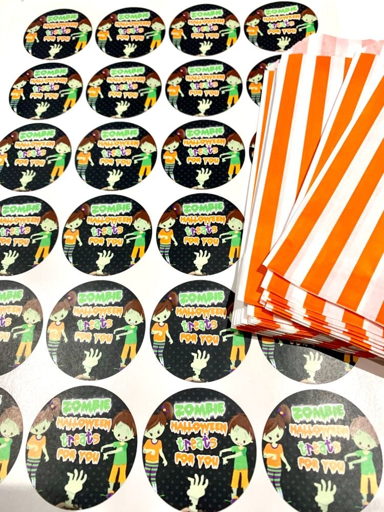 Halloween Orange Stripe Treat Bags And Stickers Zombies